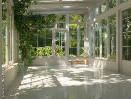 A large room with a white wall and a white bench