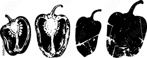 black and white vintage illustration of bell peppers whole and sliced with texture details and imperfections