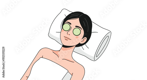 A fair-skinned woman with black hair lies on a white pillow with two green cucumber slices placed over her closed eyes in a spa setting.