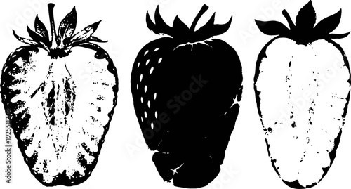 Strawberry silhouettes set three berries with leaves natural fruit shapes with texture details and seeds