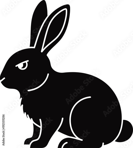 A black silhouette of a rabbit sitting on a white background