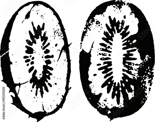 Black and white kiwi fruit halves silhouette with seeds and texture details