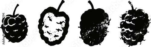 four black and white mulberry fruit silhouettes with textured and solid designs