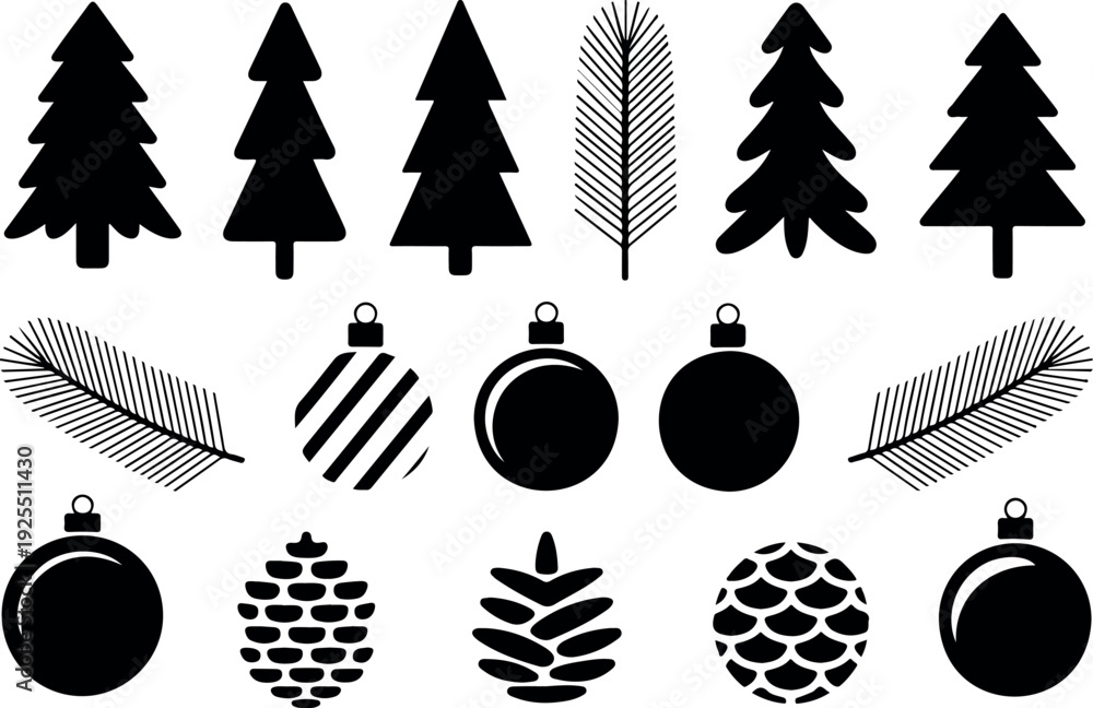 Naklejka premium Christmas Tree and Holiday Decoration Silhouette Vector Set Pine, Cones, and Ornaments