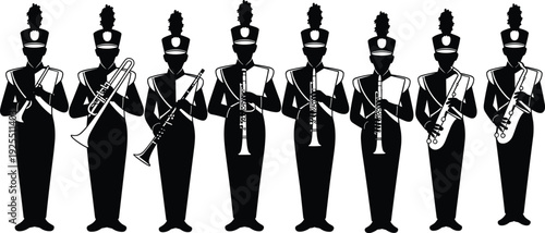 Marching band silhouette illustration set, musicians with trombone, trumpet, clarinets, saxophones, uniformed performers, vector graphics for music and performance themes