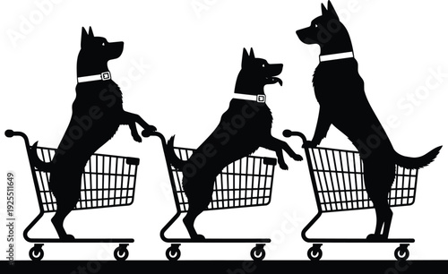 Dogs in shopping carts, playful silhouette vector, humorous pet illustration, collars visible, upright stance, whimsical design, animal artwork, creative concept, black and white