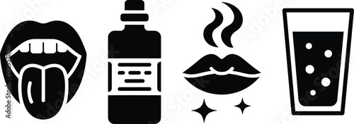 Oral hygiene illustration set, mouthwash sequence with open mouth, bottle, fresh breath, and rinse glass, stylized vector graphics for dental care themes