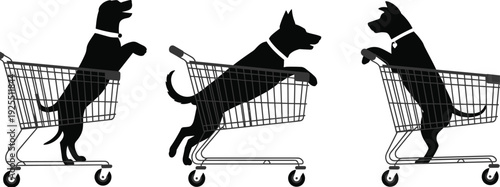 dog, silhouette, pet, cart, shopping, retail, animal, puppy, vector, collection, isolated, domestic, market, canine, black