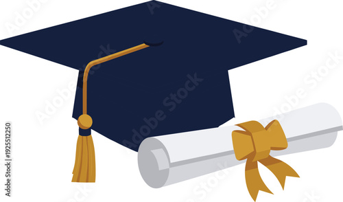 Elegant dark blue graduation cap with golden tassel and diploma scroll tied with ribbon symbolizing academic success and achievement.