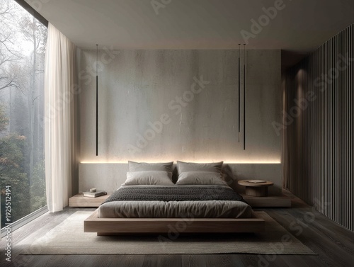 A bedroom with a bed, nightstand, and a window