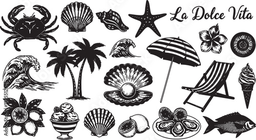 Black and white beach icons and food illustrations