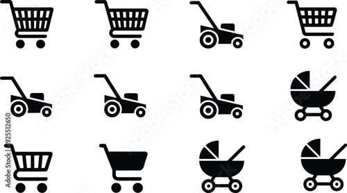 Shopping cart, lawn mower, and baby stroller icon illustration set, stylized vector graphics for retail, gardening, and childcare design themes