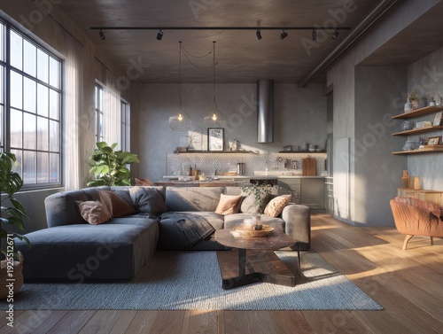 A living room with a couch, a coffee table, and a potted plant