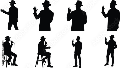 Speaker and performer silhouette illustration set, expressive gestures, microphone poses, seated and standing figures, vector graphics for communication and stage themes