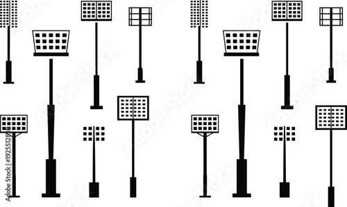 Stadium and street light pole silhouette illustration set, outdoor lighting fixture designs, stylized vector graphics for urban planning and architectural themes