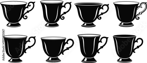 Ornate vintage teapot and teacup vector set, black silhouette icons of decorative kettles, creamer pitcher, and saucer with spoon for cafe design elements