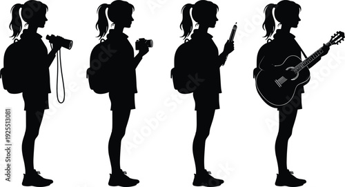 Girl silhouette hobbies, binoculars birdwatching, camera photography, notebook writing, guitar playing, backpack figure, creative interests, artistic activities, vector illustration design