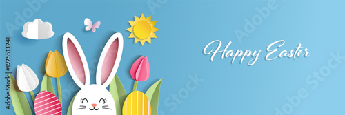 Happy Easter banner template with bunny, eggs, flowers, green grass  and blue sky in  paper cut style. Vector illustration