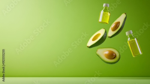 Ripe avocados and small glass bottles of avocado oil levitating against a vibrant green background, highlighting the healthy benefits of this popular fruit and its oil