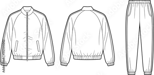 Tracksuit fashion technical drawing with zip jacket front and back view and jogger pants, detailed sportswear outline vector illustration isolated on white background
