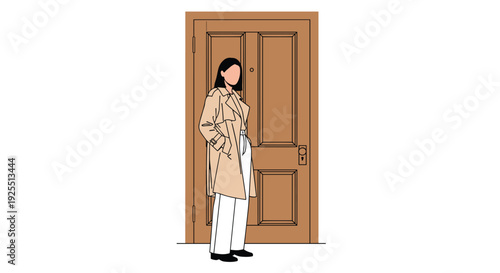 A woman wearing a beige trench coat and white trousers stands in front of a large brown paneled wooden door.