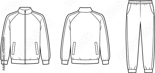 Tracksuit set technical drawing with zip up jacket front and back view and jogger pants, sportswear outline vector illustration isolated on white background