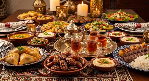 Lavish Ramadan Iftar Feast with Dates and Tea food