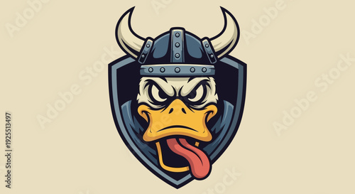 Angry Duck Cartoon Character Wearing Viking Helmet.