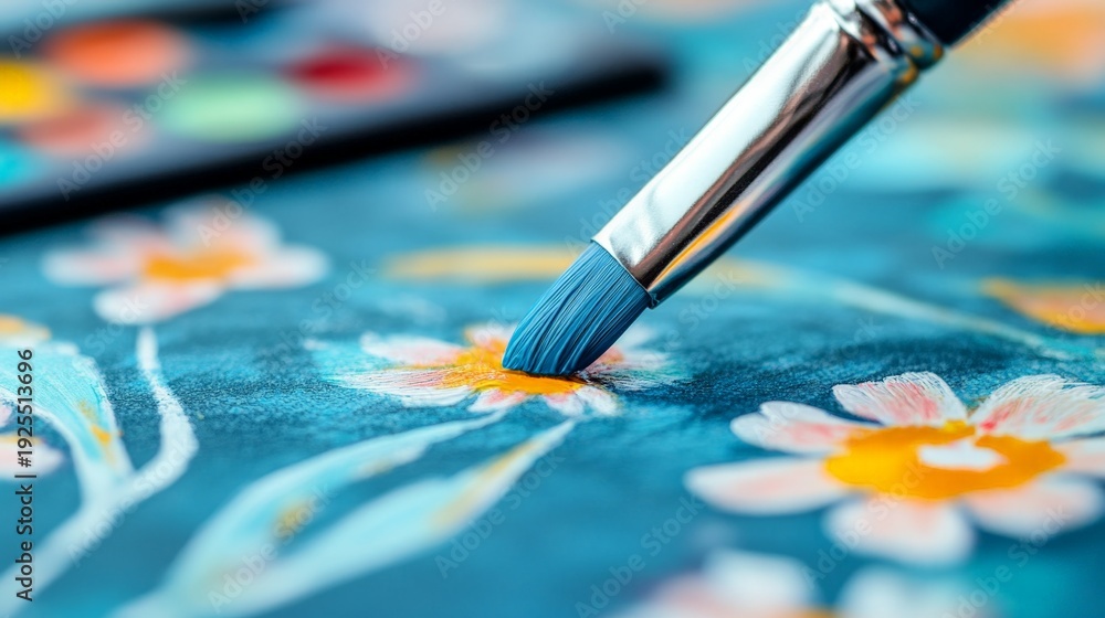 Obraz premium A person is using a blue paintbrush to create a yellow flower on a blue background. The brush is being used to carefully paint the flower, adding detail and color to the scene