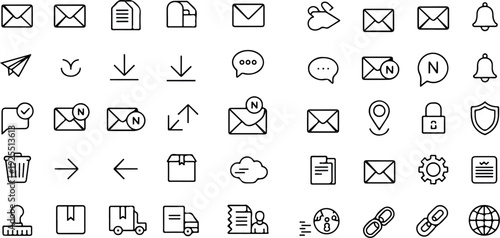 Email and Messaging Line Icon Set Inbox, Envelope, Notification and Communication Symbols
