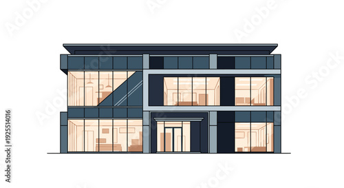 A modern two-story office building with dark blue panels and glowing glass windows showing interior furniture stands against a white background.