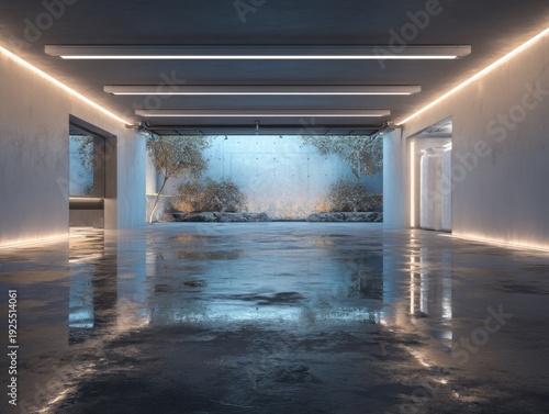 A large, empty room with a large window