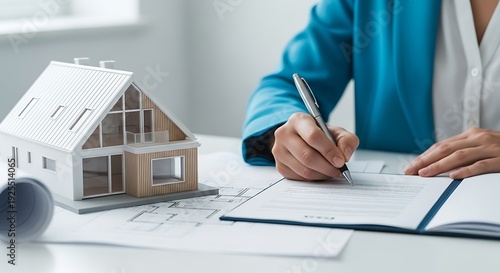 Detailed examination and planning of architectural blueprints and models in a professional workspace setting