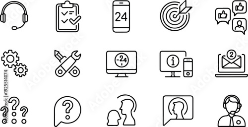 Customer Support Line Icon Set 24/7 Hotline, Messaging, and Assistance Symbols