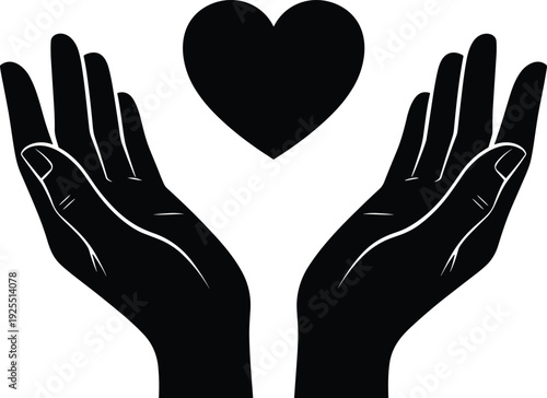 Two hands holding black heart silhouette, charity and donation concept, healthcare and medical support, romantic love symbol, volunteering and community care, mercy icons,