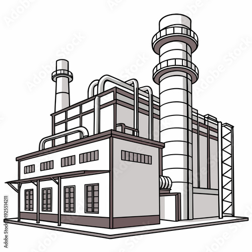 Industrial building with smokestacks and pipes