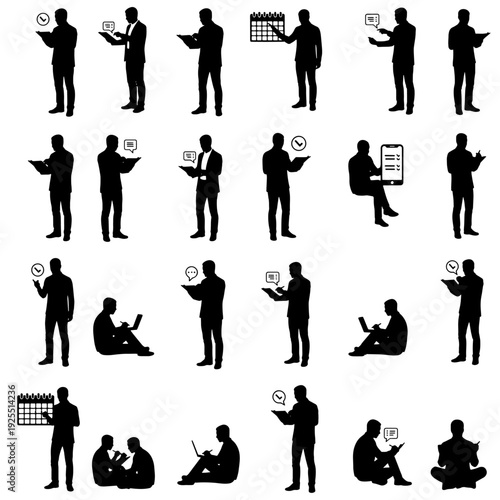 Set of 32 productivity silhouettes featuring people planning tasks, checking calendar, managing schedule and using smartphone or laptop for organization. Includes time management concepts, digital 