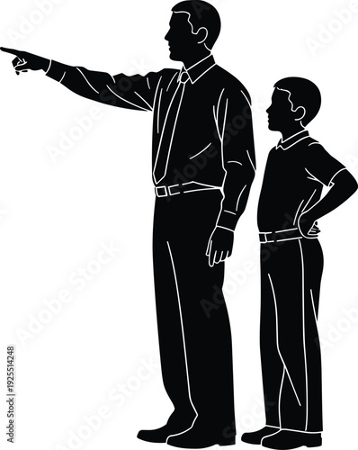 Father and son silhouettes standing together, man pointing forward showing way to boy, parenting concept, family guidance, professional male mentor vector icons,