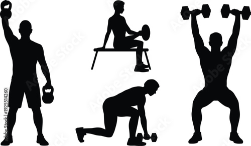 Weightlifting exercise silhouette illustration set, kettlebell, dumbbell, seated curl, lunge, overhead press, vector fitness graphics for training themes