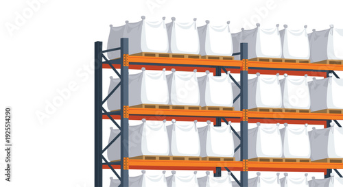 A tall industrial storage rack with orange beams and blue supports holds multiple rows of large white bulk bags on wooden pallets in a warehouse.