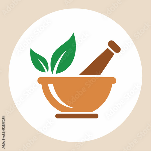 Herbal medicine and natural healing icon with mortar and pestle