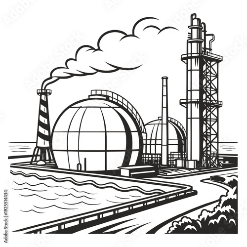 A black and white drawing of a power plant with smokestacks
