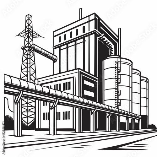 A large industrial building with a walkway