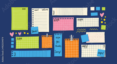 Colorful planner and sticky notes collection, hand drawn office stationery set with calendars, to do lists and reminders for productivity and organization design