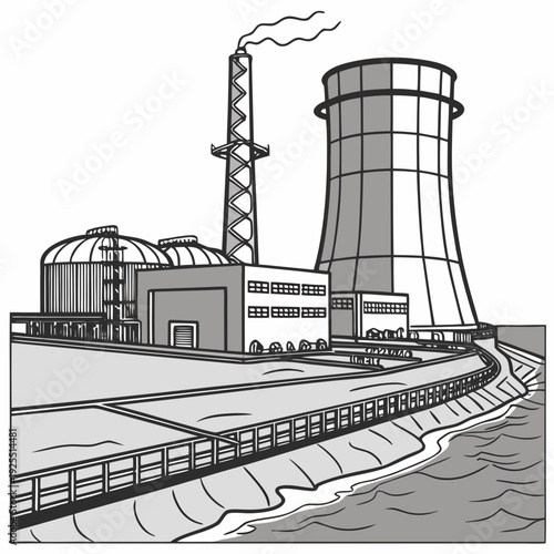 A nuclear power plant with a cooling tower and buildings