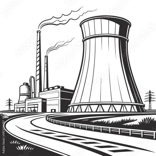 A black and white drawing of a nuclear power plant with a large cooling tower