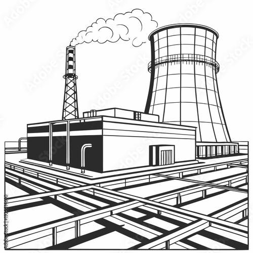A black and white drawing of a power plant with a smoking chimney