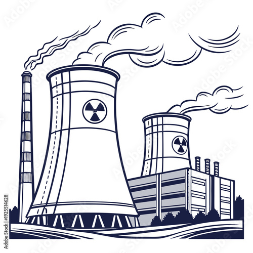 A nuclear power plant with two cooling towers