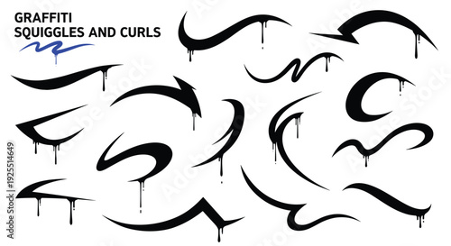 Graffiti squiggles and curls collection with dripping paint strokes, abstract urban street art elements isolated on white background