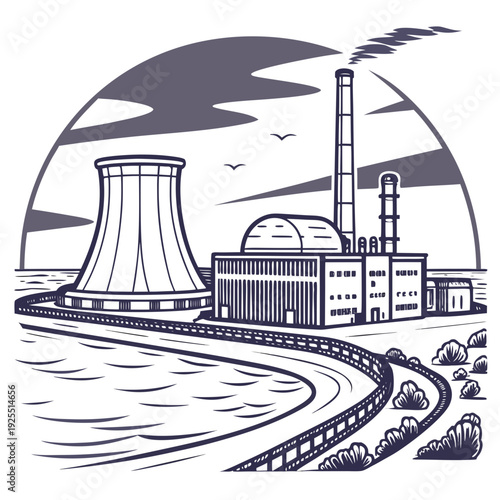 A nuclear power plant with a cooling tower and smokestack
